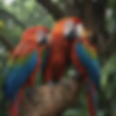 Macaws in their natural habitat displaying social behavior