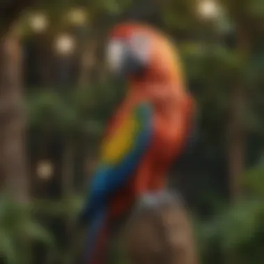 Macaw perched on a tree stand, enjoying its environment.