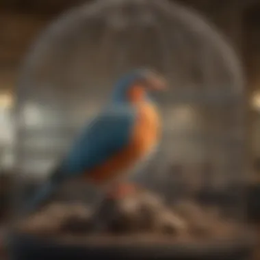 A well-maintained large dome bird cage with a clean environment and happy birds.