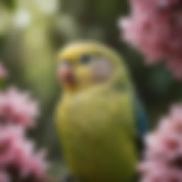 A serene setting with a budgerigar resting on a vibrant flower, surrounded by greenery.