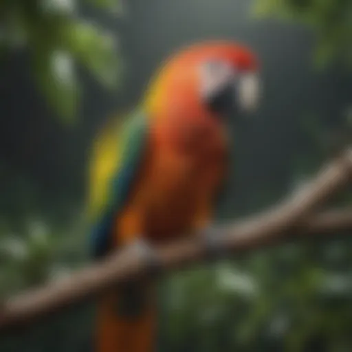 A vibrant parrot perched on a branch, showcasing its colorful feathers in natural light.