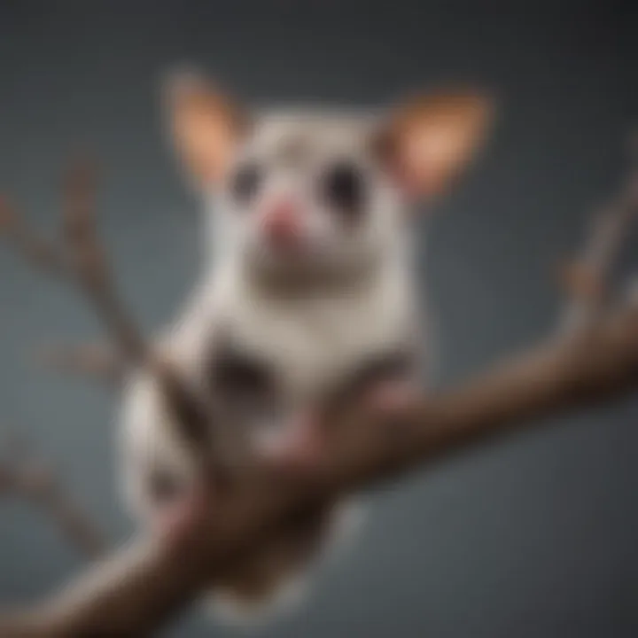 A close-up of a sugar glider perched on a branch, showcasing its curious nature.