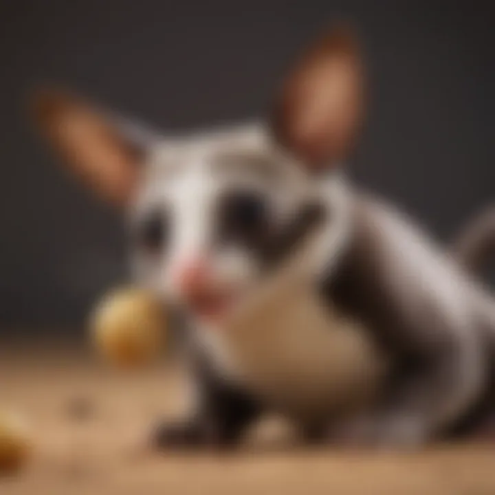 A sugar glider interacting playfully with a safe toy, highlighting its playful behavior.