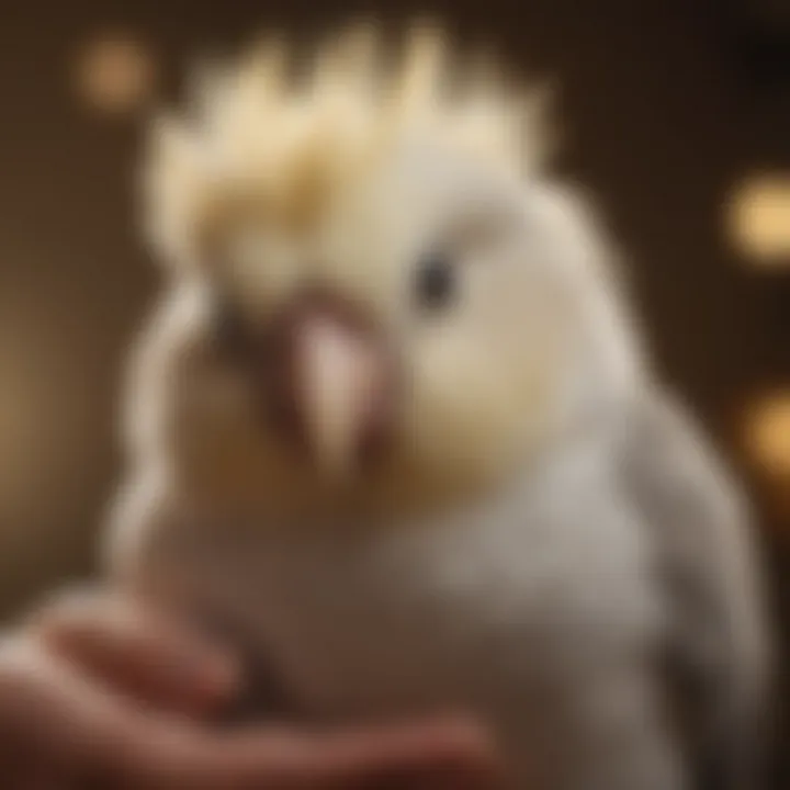 An owner gently stroking a cockatiel's feathers