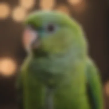 A close-up of a parakeet perched calmly on a shoulder