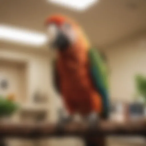 A healthy parrot perched on a branch in a specialized veterinary clinic