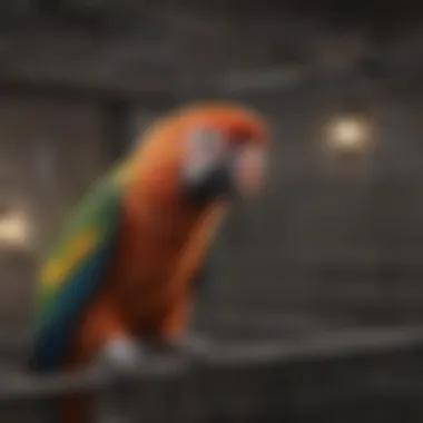 A bird owner cleaning a medium-sized parrot cage