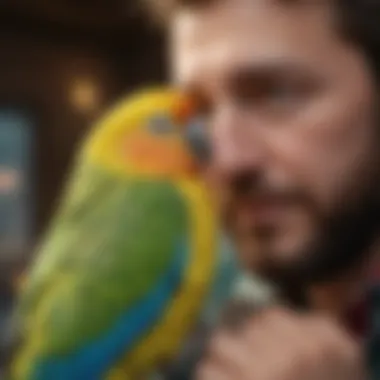 A Colorful Parakeet Enjoying Affection Colorful parakeet snuggling with owner