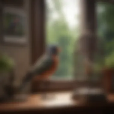 Memorial for a Beloved Bird A serene setting with a birdcage and a framed photo of a pet bird