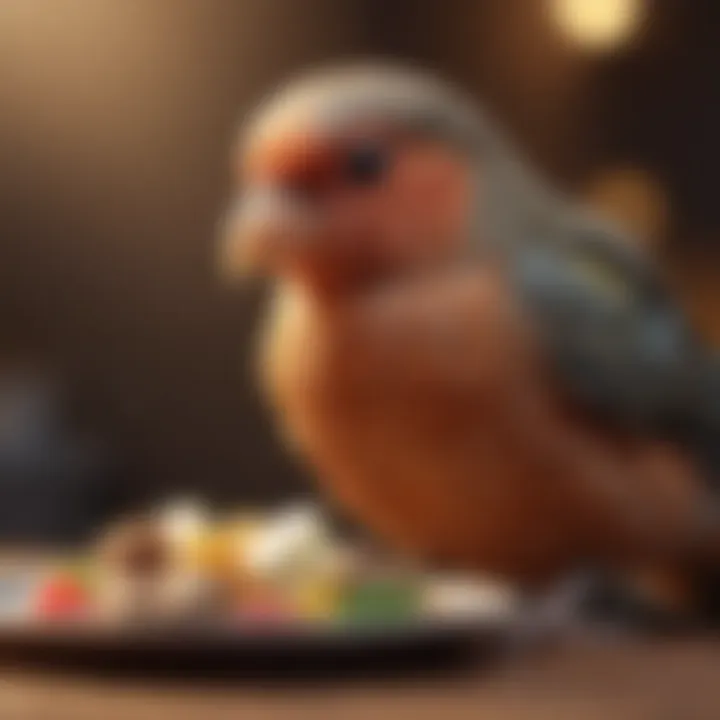 Close-up of a healthy pet bird enjoying a balanced diet during pregnancy preparations.