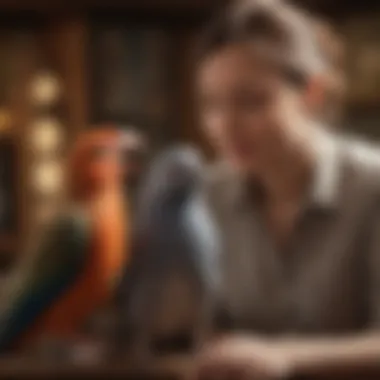 Bonding with Your Avian Companion Expectant parent gently interacting with a pet bird in a tranquil environment.