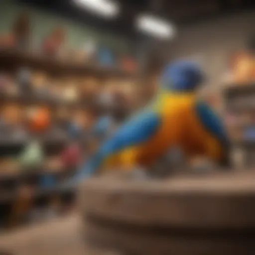 Colorful pet birds perched in a vibrant pet store display