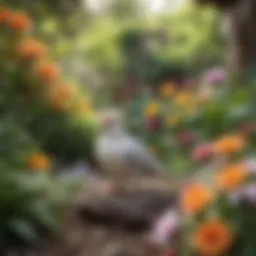 A serene backyard environment where a cockatiel might wander, surrounded by greenery and colorful flowers.