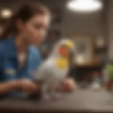 Hopeful Owner Searching for Their Cockatiel An emotional pet owner holding a picture of their lost cockatiel, looking hopeful while scanning the surroundings.
