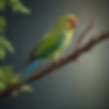 A parakeet perched on a branch, looking alert and curious