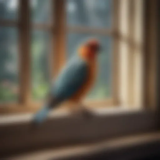 A pet bird perched on an open window sill, contemplating its freedom.