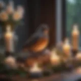 A serene bird memorial with candles and flowers.