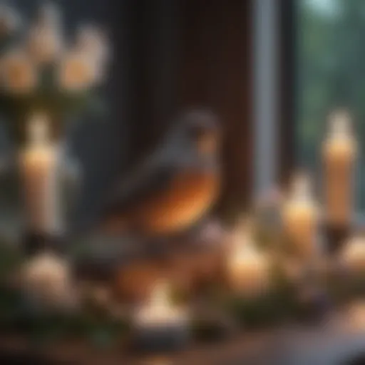 A serene bird memorial with candles and flowers.