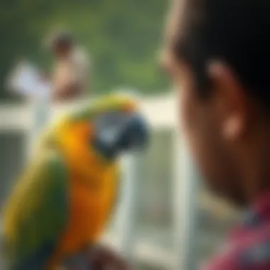 A parrot interacting playfully with its owner