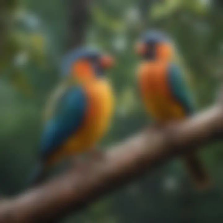 Colorful pet birds perched on a branch