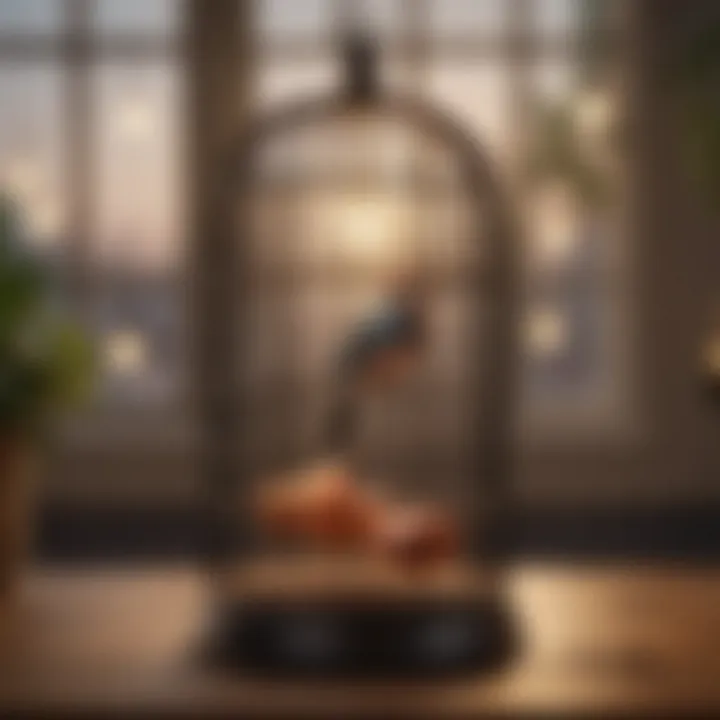 A tranquil scene depicting a birdcage surrounded by soft lighting and a cozy ambiance