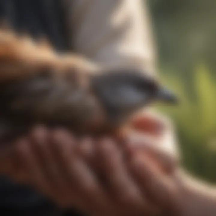 A close-up of a comforting hand gently cradling a feather, symbolizing loss and remembrance