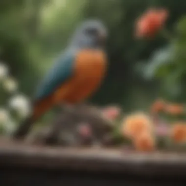 A serene outdoor space with a small memorial for a pet bird, adorned with flowers and a photo