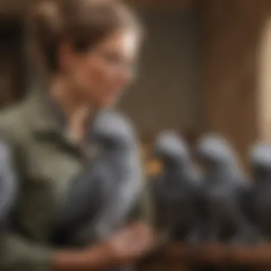 A group of ethical breeders interacting with African Gray birds, emphasizing responsible breeding practices.