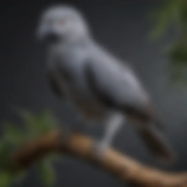 A striking African Gray bird perched on a branch, showcasing its vibrant feathers and intelligent expression.