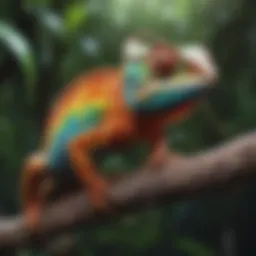 A vibrant chameleon perched on a branch