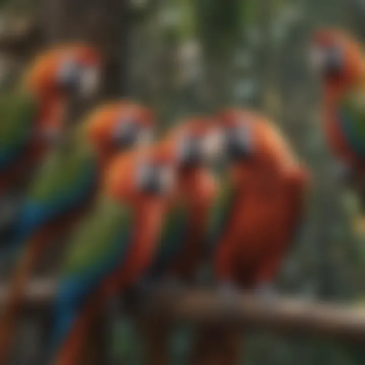 Group of macaws interacting socially in an aviary