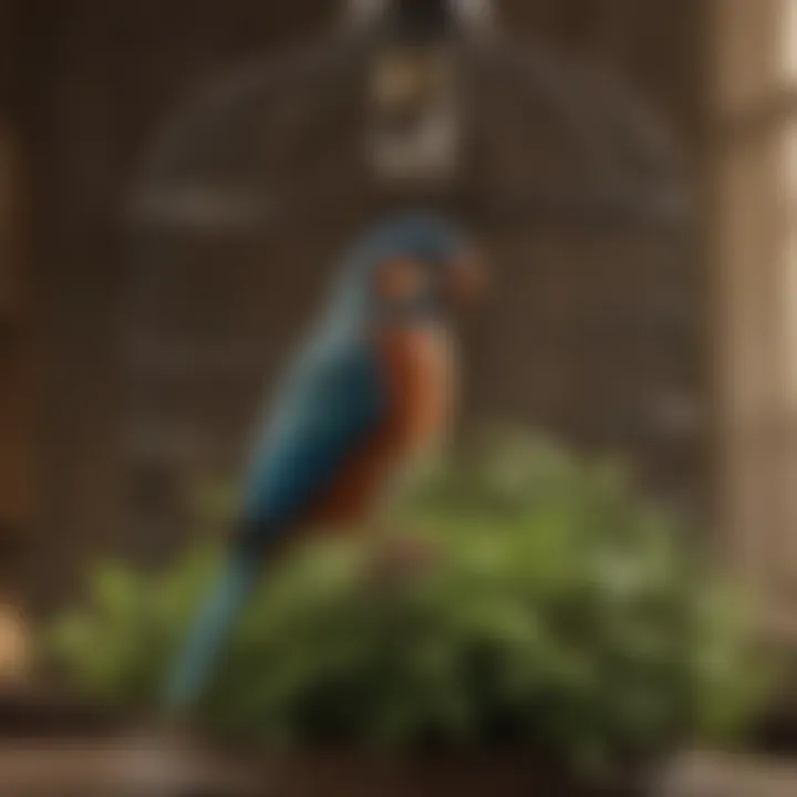 A close-up of a birdcage adorned with fresh greenery and natural materials.