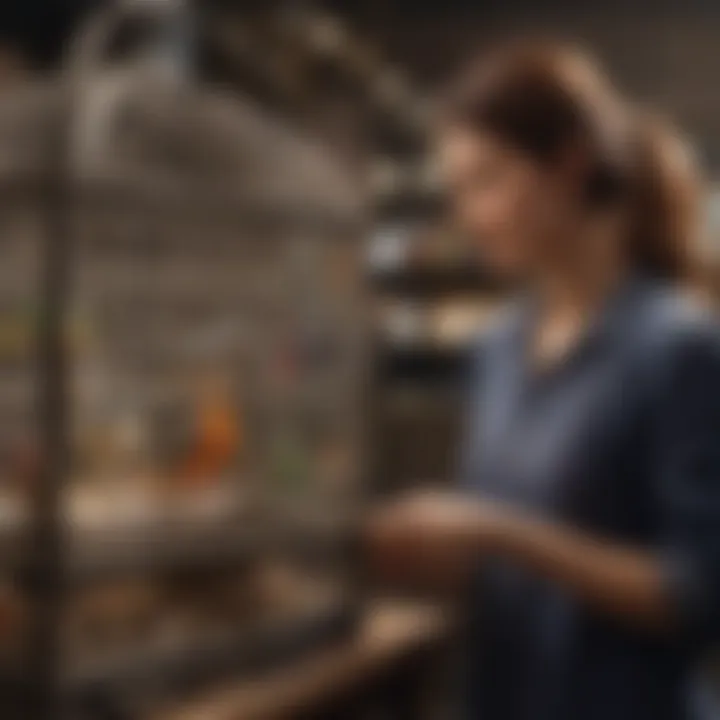 A knowledgeable store employee assisting a customer with bird cage selection