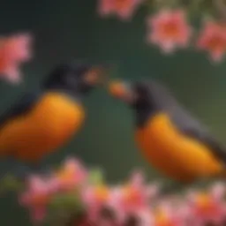 Vibrant orioles feeding on nectar from a flower