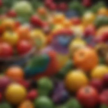 Colorful Fruits and Vegetables for Bird Nutrition A vibrant assortment of fruits and vegetables for pet birds