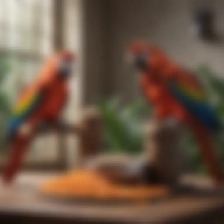 A well-balanced bowl of macaw pellets and supplements on a feeding station.