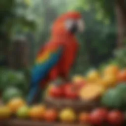 Vibrant macaw perched on a branch surrounded by fresh fruits and vegetables.