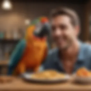 A macaw interacting playfully with its owner while sharing a healthy snack.