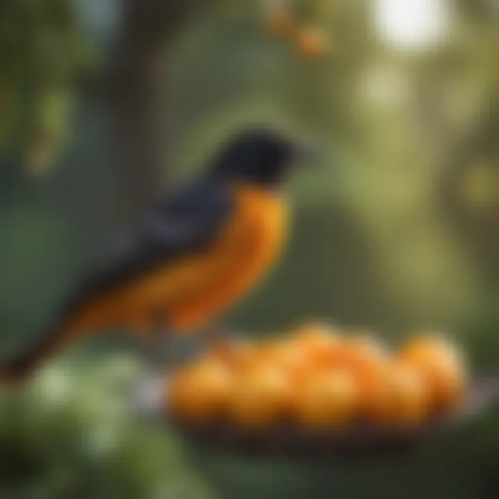 A vibrant oriole perched on a fruit feeder filled with oranges