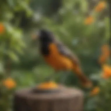 An oriole feeding from a homemade nectar mixture in a garden