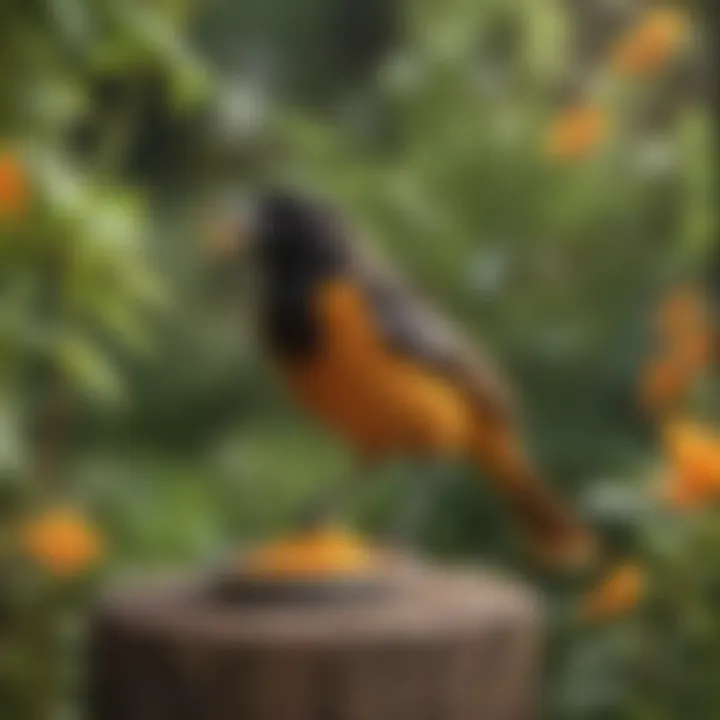 An oriole feeding from a homemade nectar mixture in a garden