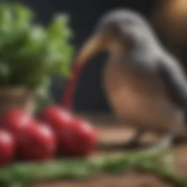 A pet bird curiously examining a radish