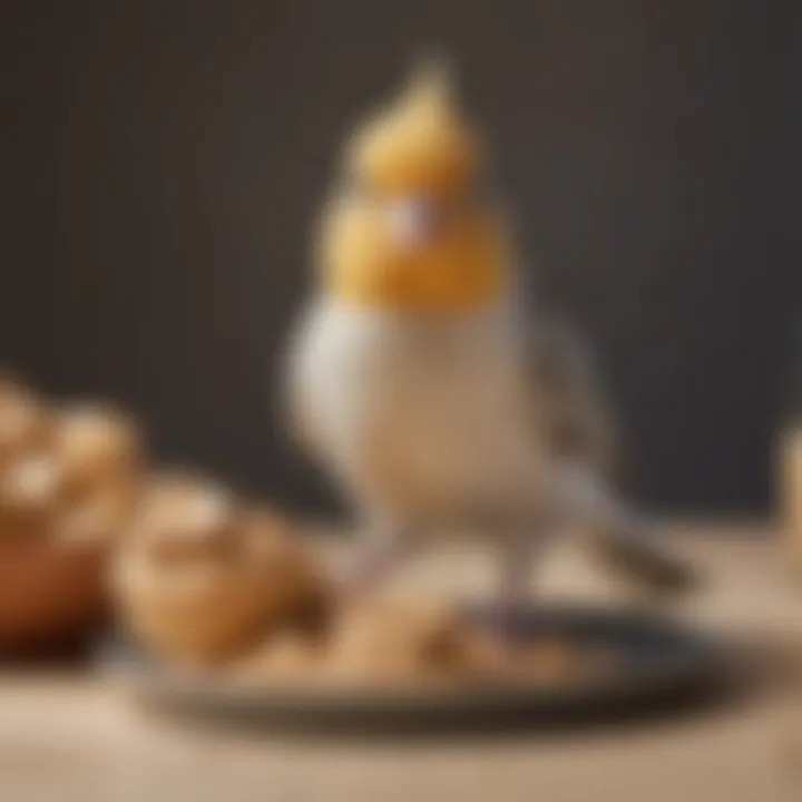 A vibrant cockatiel perched next to a small dish of peanut butter, looking curiously.