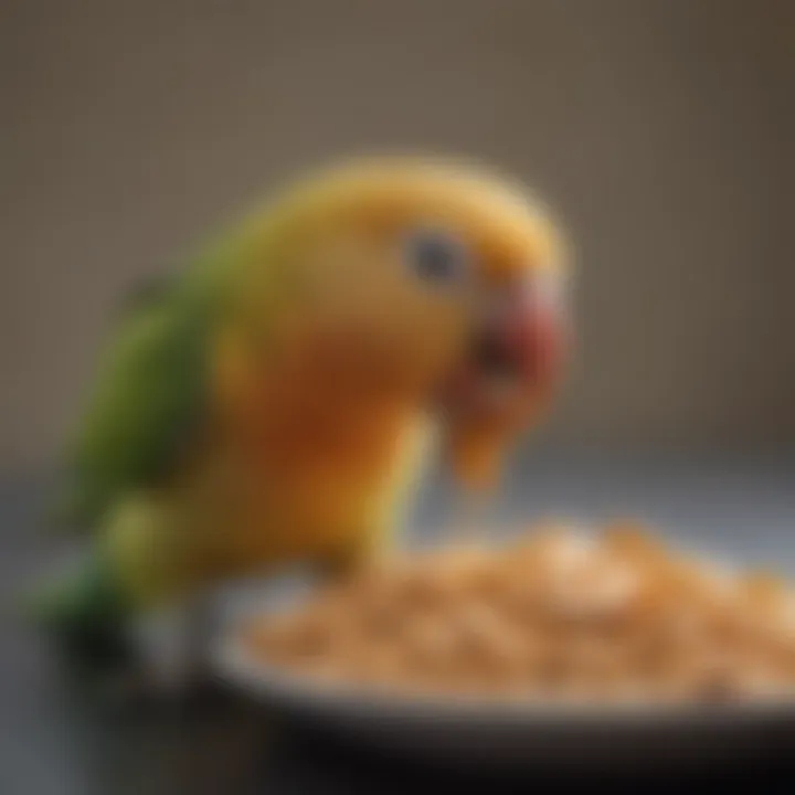 A colorful parakeet enjoying a small portion of peanut butter on a plate.