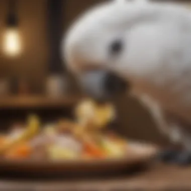 Close-up of a cockatoo enjoying a balanced meal