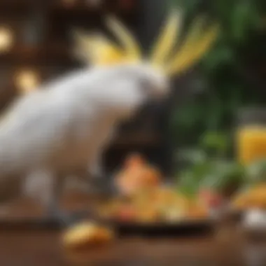 Cockatoo exploring a variety of healthy food options