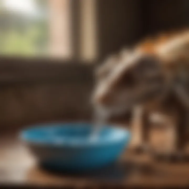 A bearded dragon drinking water from a shallow dish.