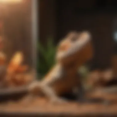 Ideal Environment for Healthy Feeding A bearded dragon basking under a heat lamp, showcasing optimal habitat.