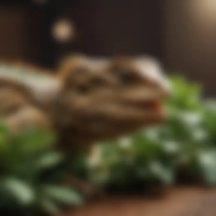 A close-up of a bearded dragon enjoying leafy greens.