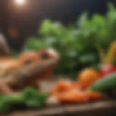 Diverse Diet for Bearded Dragons A vibrant assortment of vegetables and insects for bearded dragons.